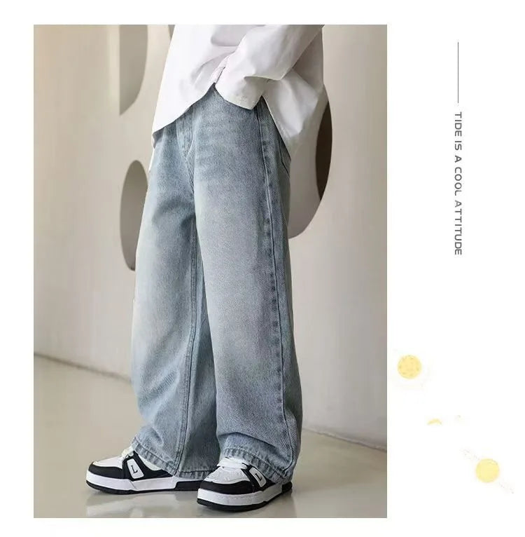 Pantalones vaqueros cálidos de invierno para niños, nuevo estilo, pantalones vaqueros holgados de pierna recta de marca a la moda para adolescentes y niños, pantalones sueltos para niños