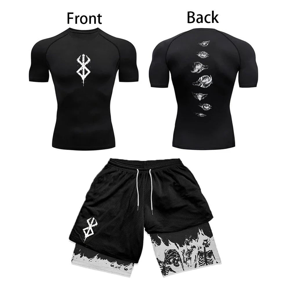 Conjunto de compresión con estampado 3D de Anime para hombre, Top de gimnasio de manga corta + pantalones cortos de entrenamiento, conjunto de protección contra sarpullidos transpirable de secado rápido