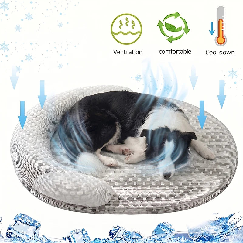 Cama refrescante para perros, colchoneta de seda helada para gatos, nido ovalado para mascotas, almohadilla transpirable de disipación de calor para perros pequeños, medianos y grandes, y gatos.