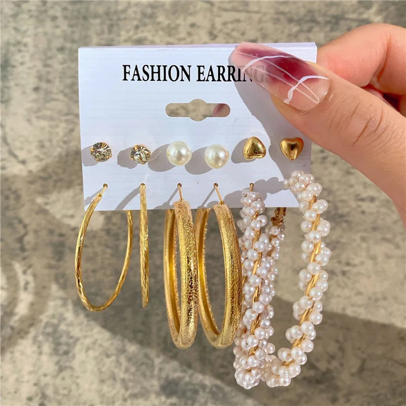 Conjunto de pendientes de aro bohemios de círculo grande para mujer, pendiente de perla Vintage bohemio de Color dorado, pendientes de circonita con forma de corazón, regalos de joyería