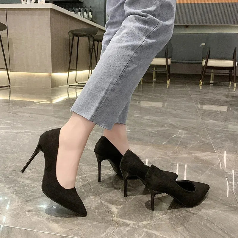 Primavera y otoño nuevos tacones altos negros Mujer boca poco profunda puntiaguda delgada con temperamento Sexy Zapatos individuales Zapatos De Mujer