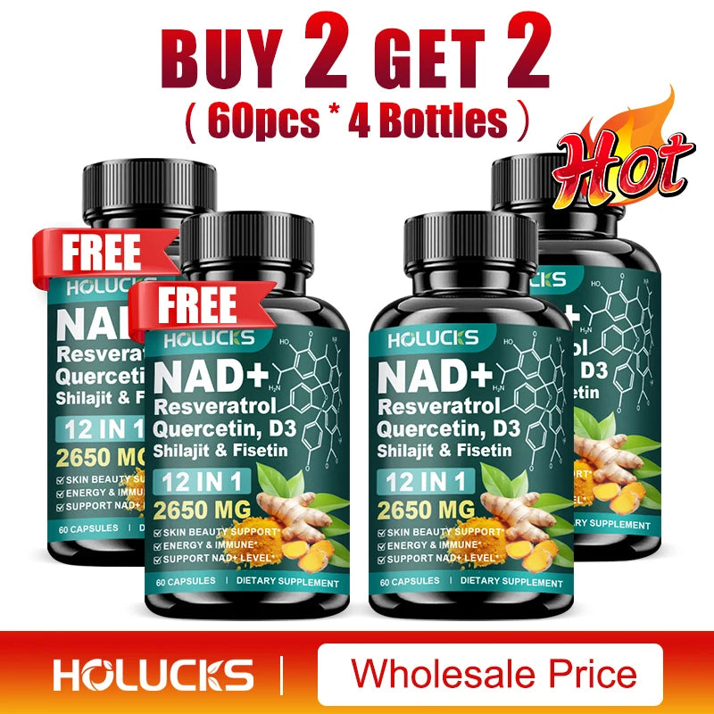 Cápsulas de NAD+ con Resveratrol, Suplemento 12 en 1, Mejora la Vitalidad Celular, Apoya la Energía y la Concentración, la Salud Inmunológica y de la Piel