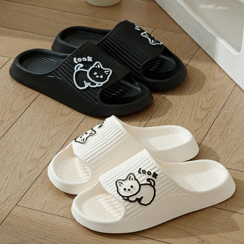 Zapatillas de baño con plataforma gruesa para mujer, chanclas antideslizantes de dibujos animados de gato, sandalias de playa de verano, zapatos de interior, 2023