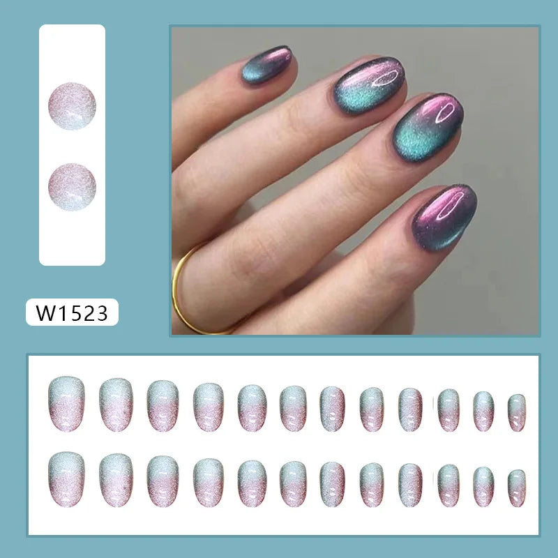 Dulce francés 24 Uds. De uñas postizas degradadas rosas, manicura de dedos artificiales brillantes, uñas postizas reutilizables para mujeres