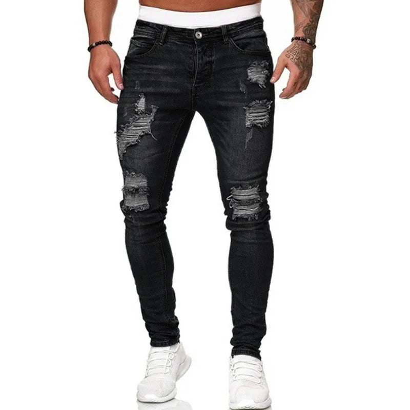 Pantalones vaqueros ajustados rasgados de estilo callejero a la moda para hombre, pantalones vaqueros lisos con lavado Vintage, pantalones vaqueros ajustados informales para hombre, gran oferta
