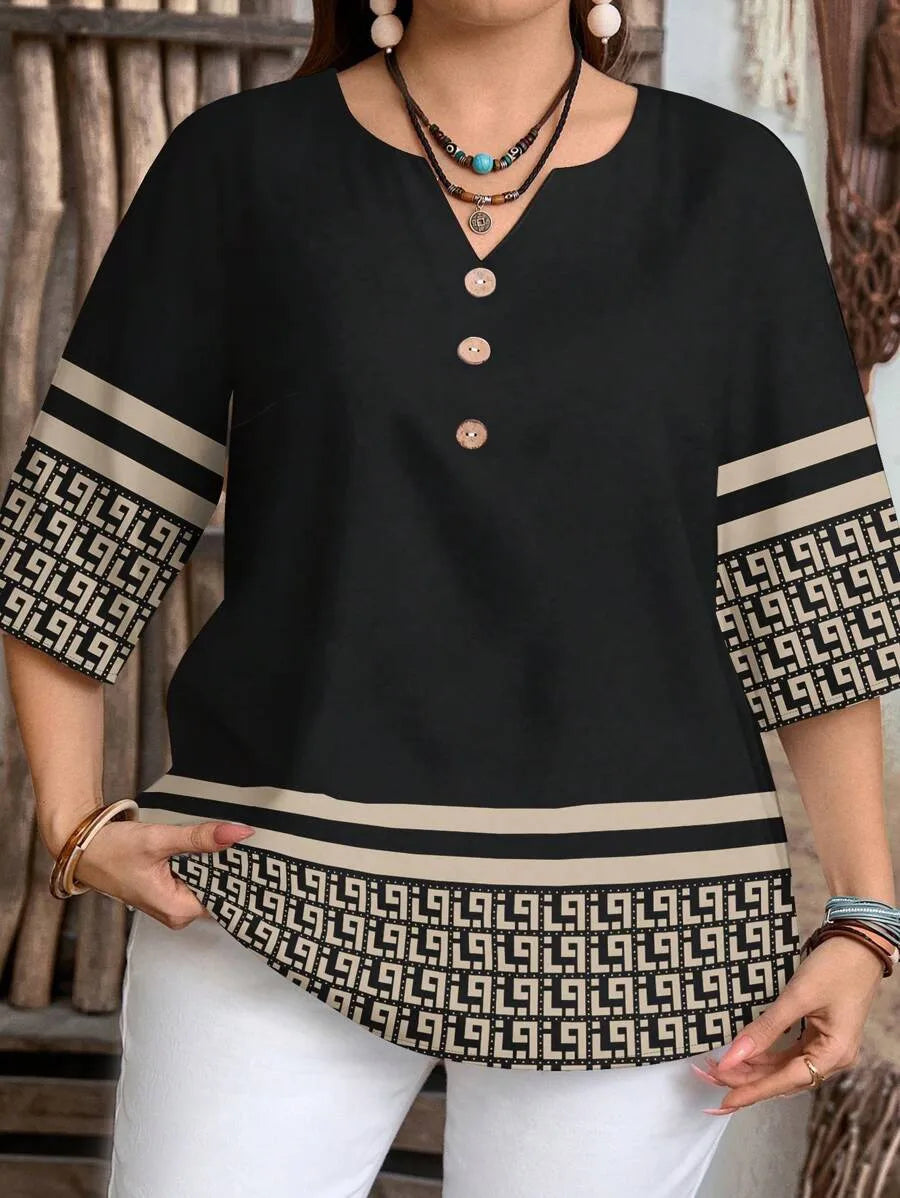 Camisa de manga corta de ocio con botón frontal y patrón retro para mujer de talla grande primavera/verano/otoño traje esencial de verano