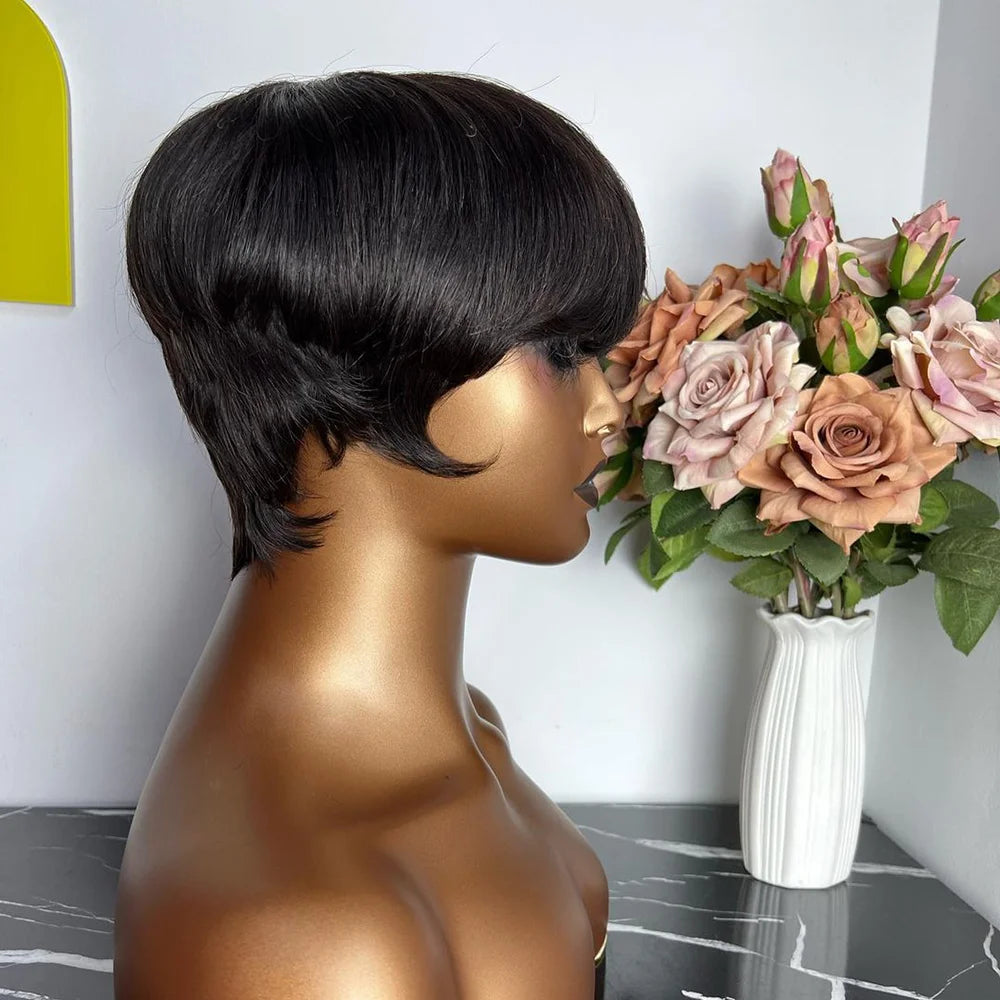 Peluca corta de corte Pixie, cabello humano para mujeres negras, pelucas hechas a máquina con flequillo, peluca corta, pelucas de cabello humano