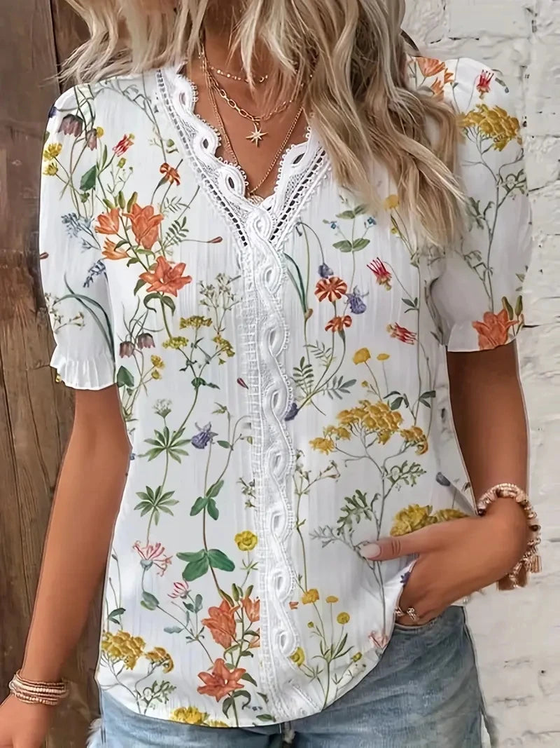 2024 moda Casual camisa de vacaciones mujer verano cuello pico ahueca hacia fuera blusa de Color sólido mujer elegante rayas Jacquard Casual Tops