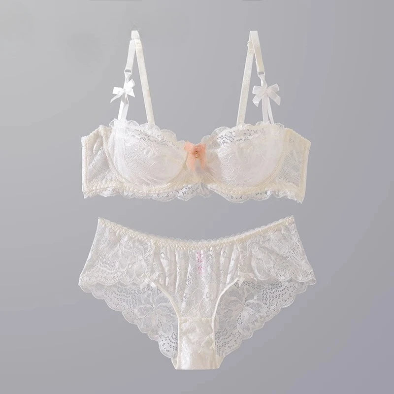 MOYISU-Conjunto de lencería de verano, sujetador minimalista de encaje francés transparente, bragas, ropa interior Sexy ultrafina para mujer, busto grande, bragas y sexys