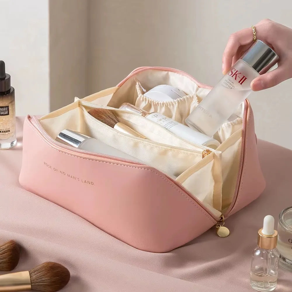 Bolsa de cosméticos de viaje grande para mujer, organizador de maquillaje de cuero, neceser femenino, estuche de maquillaje, bolsa de almacenamiento, caja de lujo para mujer