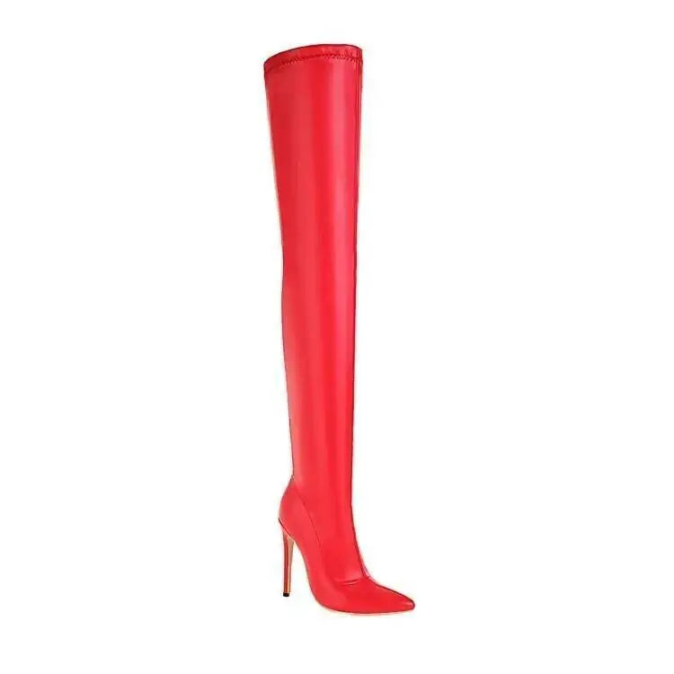 Botas por encima de la rodilla para mujer, tacones altos sexys, color negro, con cremallera lateral, botas altas hasta el muslo, zapatos femeninos, talla 46