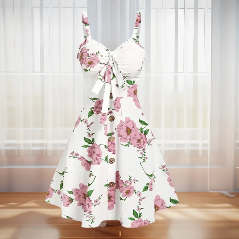 Dressfo 2025 Vestido veraniego con estampado floral para mujer, vestido de fiesta en el jardín, minivestido con lazo y volantes para verano