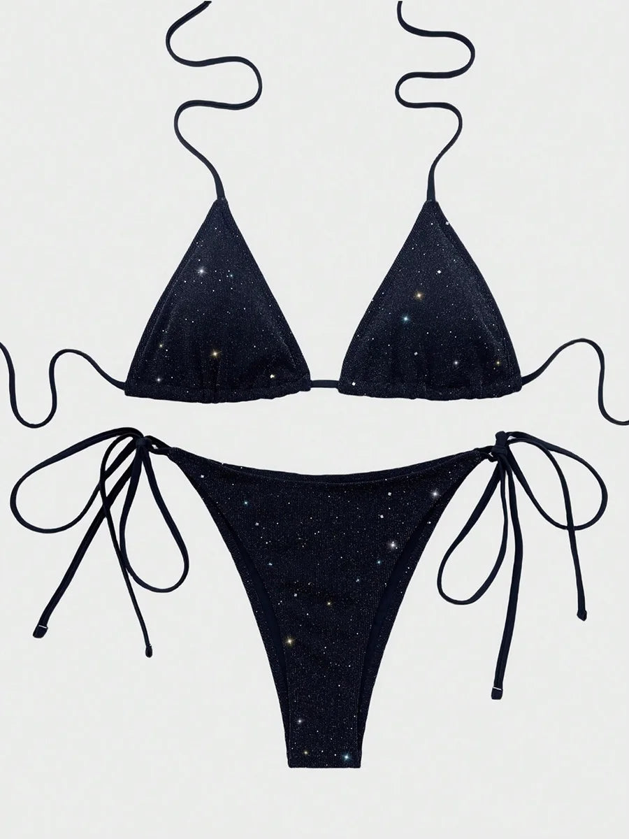 Bikini brillante con tiras y cuello Halter, Bikinis de corte alto para mujer, traje de baño para mujer, conjunto de Bikini de dos piezas, traje de baño 2025