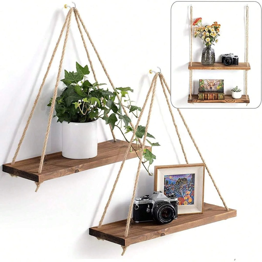 1 Uds. Decoración de pared, estante de almacenamiento para macetas con cuerda para colgar, estante de almacenamiento de madera para colgar en la pared, decoración colgante, decoración del hogar
