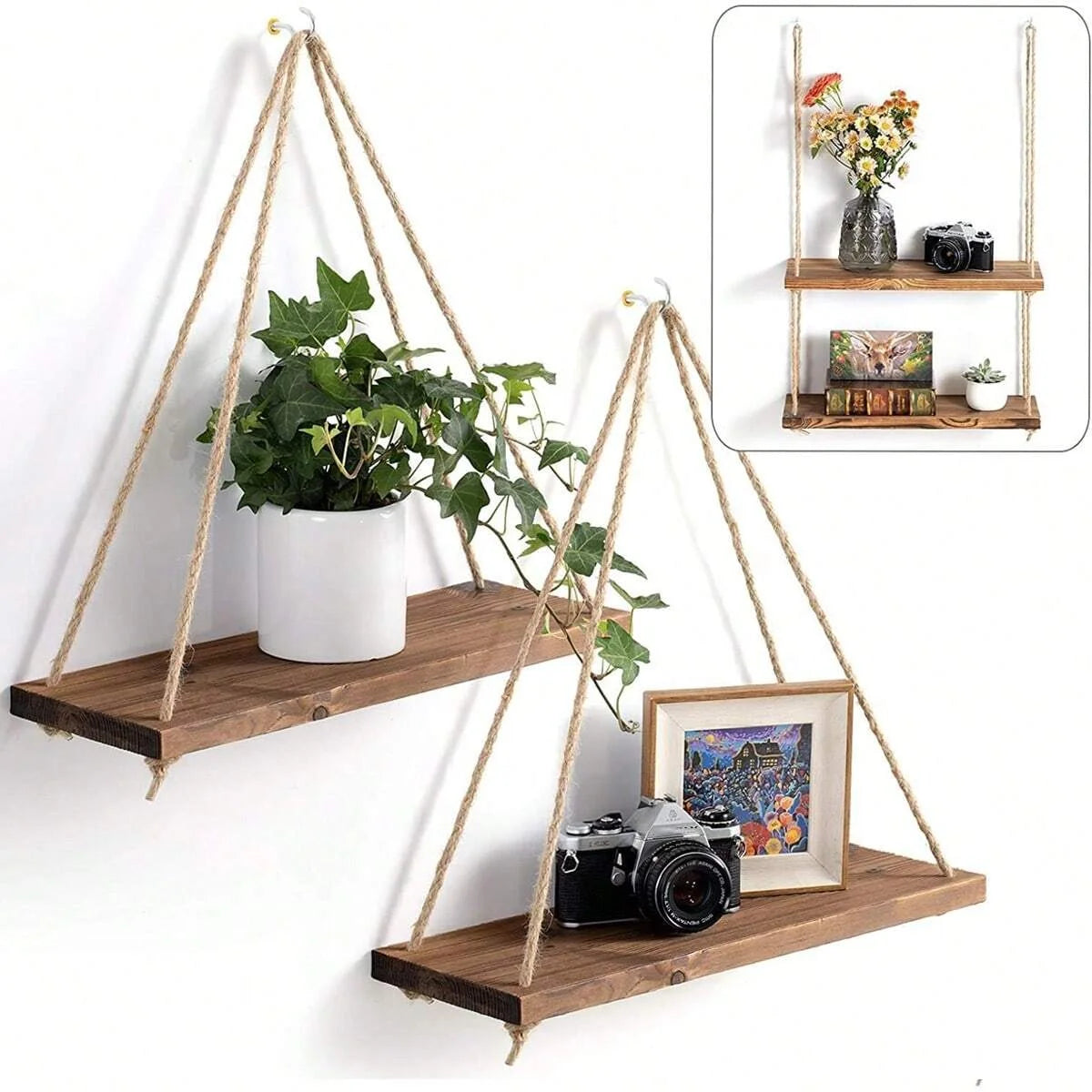 1 Uds. Decoración de pared, estante de almacenamiento para macetas con cuerda para colgar, estante de almacenamiento de madera para colgar en la pared, decoración colgante, decoración del hogar