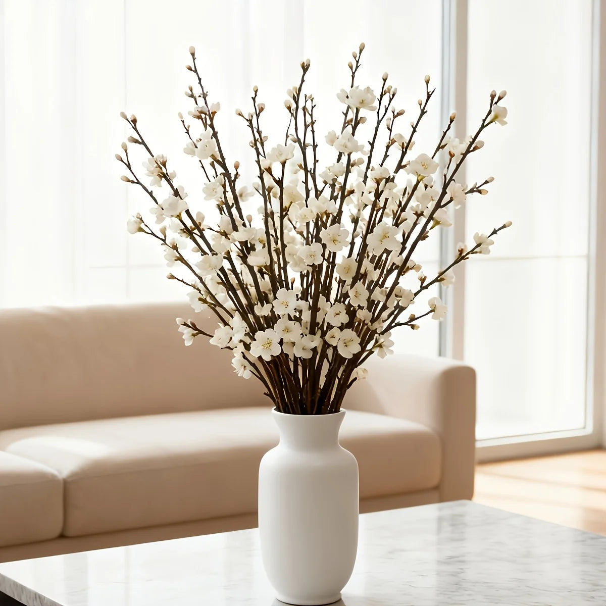 5 paquetes de flores de ciruelo blancas artificiales de tallo largo, flores de jade realistas, para decoración exterior/interior, adecuadas para el hogar