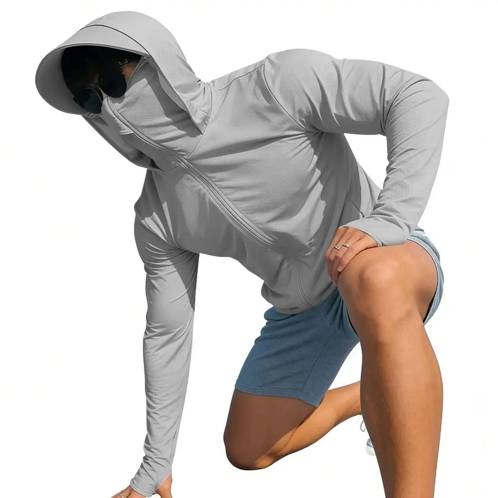 Nueva sudadera con capucha de seda helada para hombre, protección solar, secado rápido, cremallera completa, camisa UV de manga larga con máscara facial, camisa de pesca para hombre