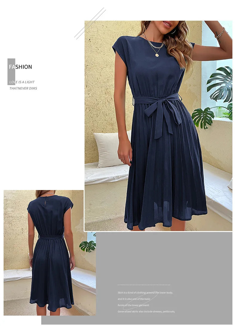 Vestido Midi plisado de manga corta para mujer, Túnica de cuello redondo, elegante, informal, Verano