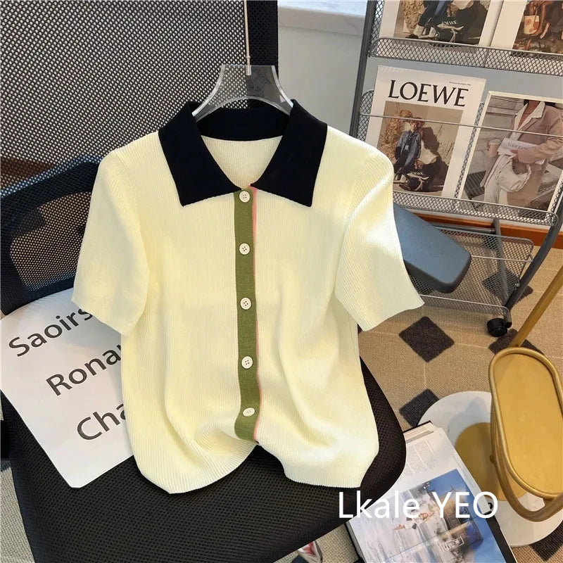 Primavera Verano 2025 diseño Sense Polo cuello mujer camiseta Casual cómoda Color contrastante Be All-match señoras Top de punto