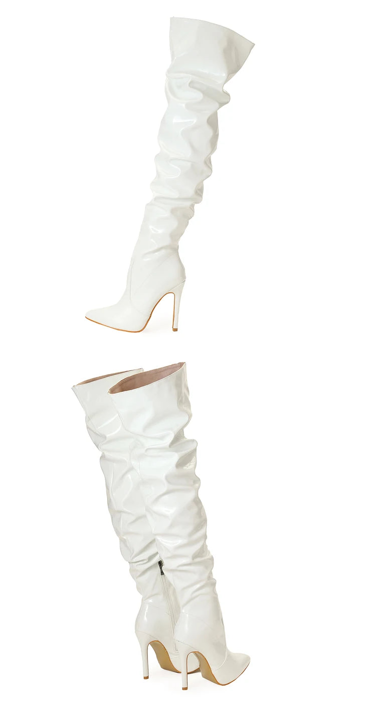 Eilyken-Botas por encima de la rodilla plisadas de charol para mujer, zapatos hasta el muslo con cremallera y punta estrecha, a la moda, alta calidad