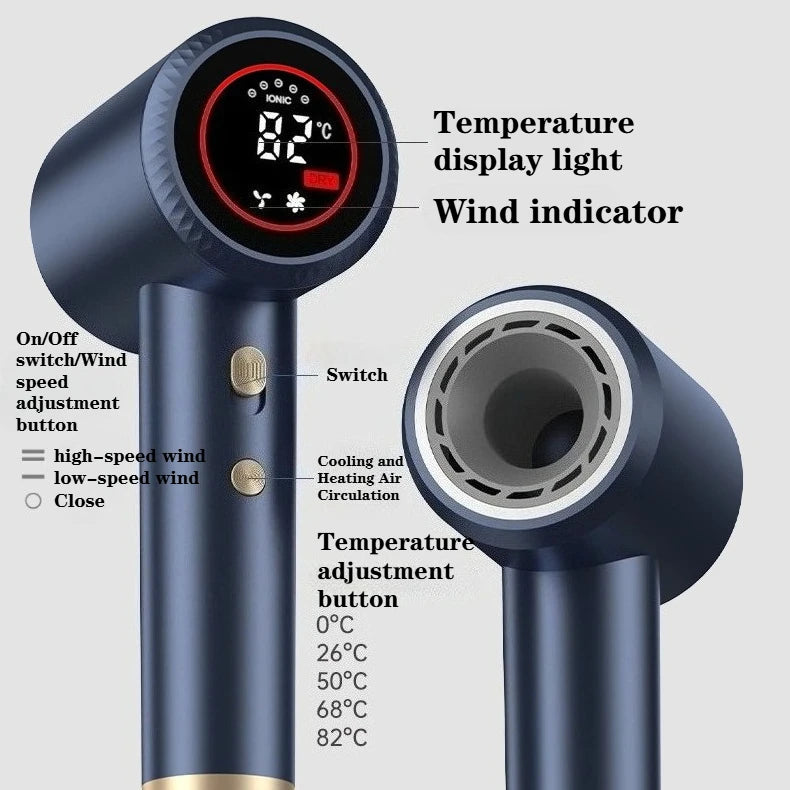 Secador de Pelo Portátil de Alta Velocidad con Iones Negativos para Uso Doméstico, Sin Aspas, Silencioso, Ligero, Cuidado del Cabello, Motor BLDC de 1500W, Pantalla Digital