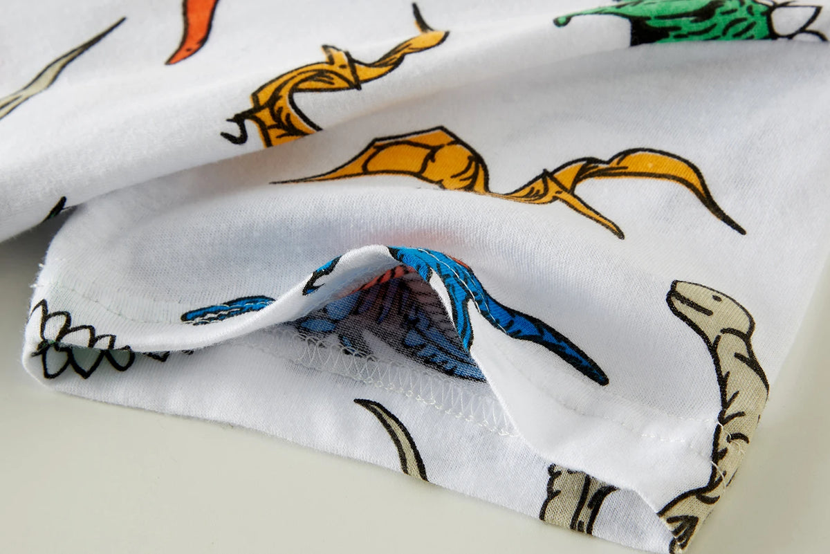 Ropa de dormir para niños de 1 a 8 años, pijamas de dinosaurio de dibujos animados con estampado completo de algodón de verano, conjunto básico de manga corta para uso diario