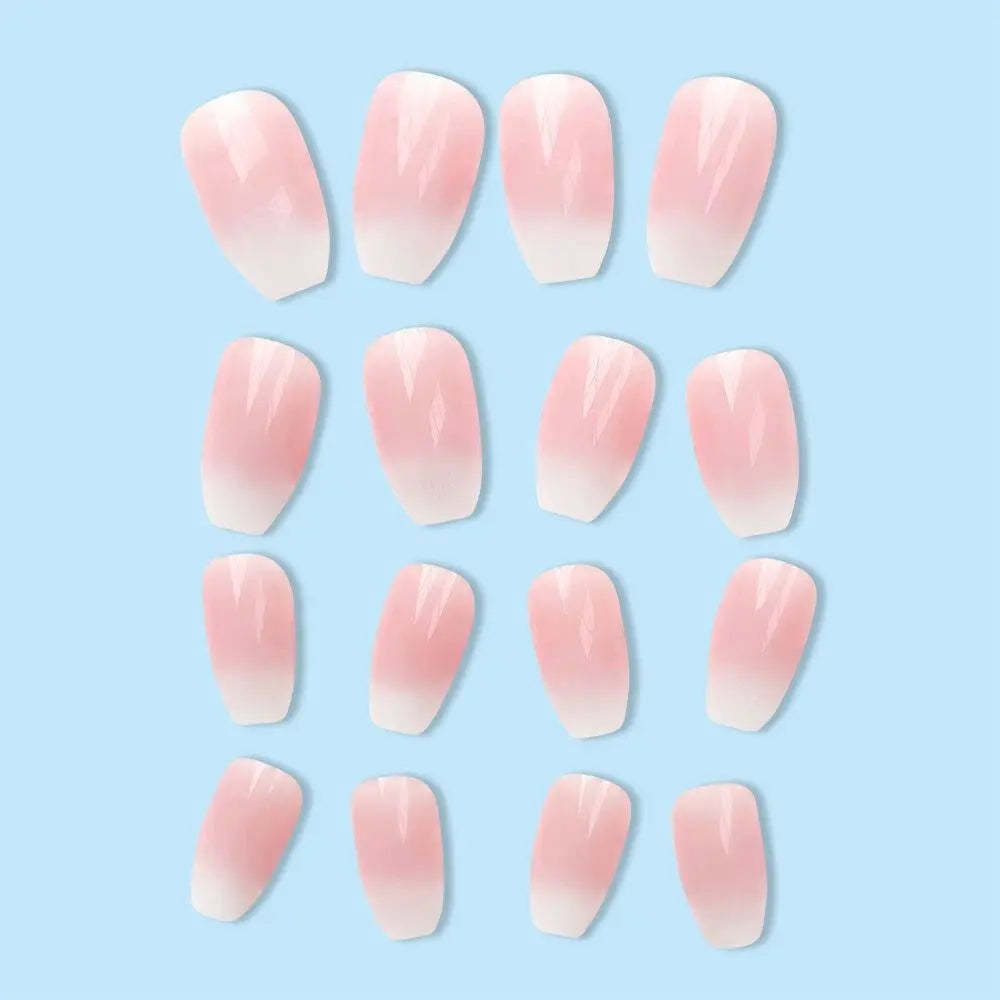 24 Uñas Postizas Degradadas Francesas Estilo Bailarina, Resistentes al Agua, Forma Ataúd Mediano, Uñas Falsas, Puntas de Uñas a Presión