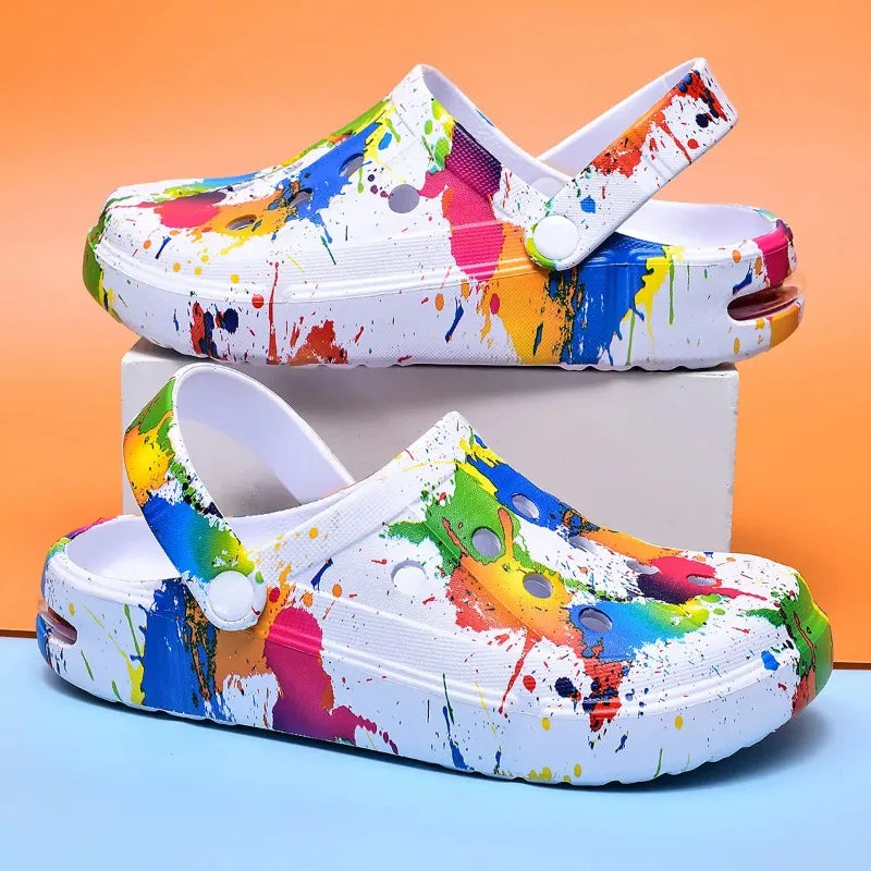Zuecos coloridos para hombres y mujeres, sandalias, zapatillas, patrón de inyección de tinta, cojín de aire, sandalias de playa transpirables, suela gruesa para exteriores