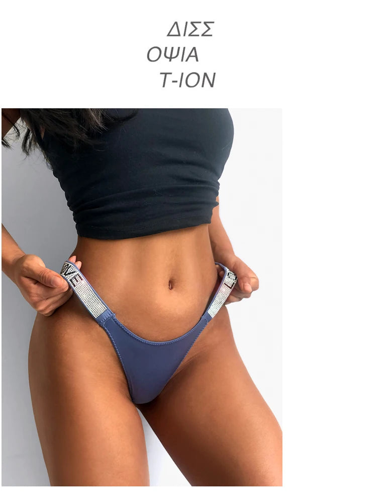 Tangas sexis de cintura baja para mujer, bragas con diamantes de imitación y letras, Tanga deportiva, pantalones cortos, calzoncillos con espalda en T, talla S-XL para Fitness