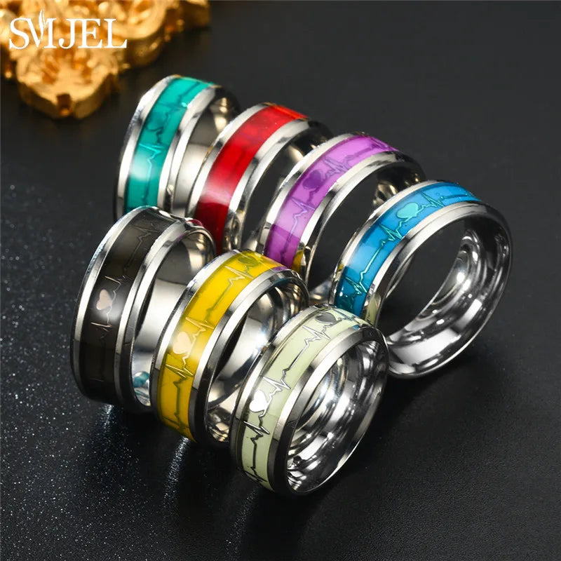 SMJEL, anillo luminoso de latido del corazón a la moda para mujeres y hombres, anillos fluorescentes, anillo de pareja de acero inoxidable que brilla en la oscuridad, regalo de joyería