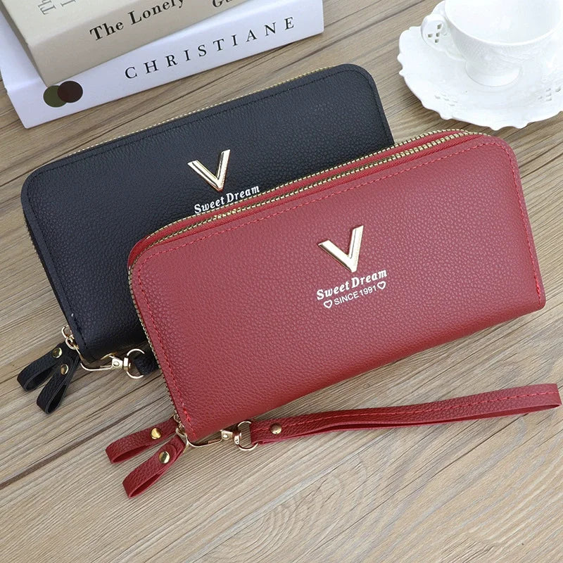 Cartera larga con doble cremallera para mujer, tarjetero de gran capacidad de cuero PU, bolso de mano con bolsillo para teléfono