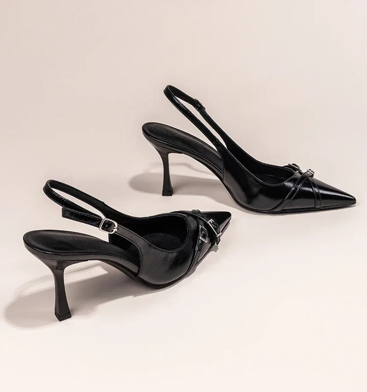 Nuevos zapatos de tacón alto con punta estrecha a la moda, zapatos de tacón alto con hebilla elegante decorada, zapatos de mujer negros de aguja NO: 602