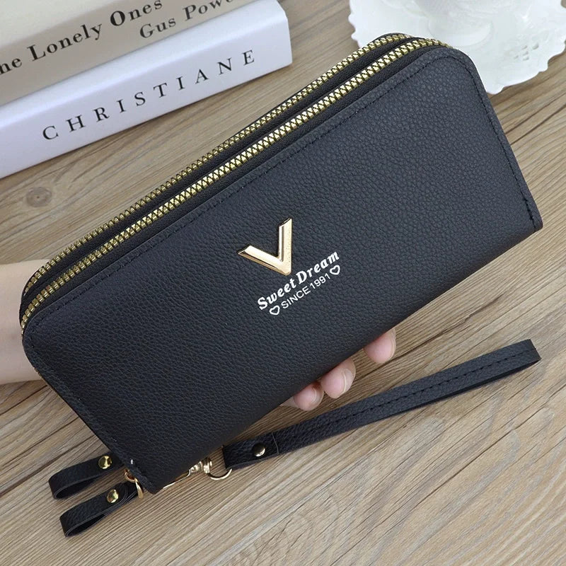 Cartera larga con doble cremallera para mujer, tarjetero de gran capacidad de cuero PU, bolso de mano con bolsillo para teléfono