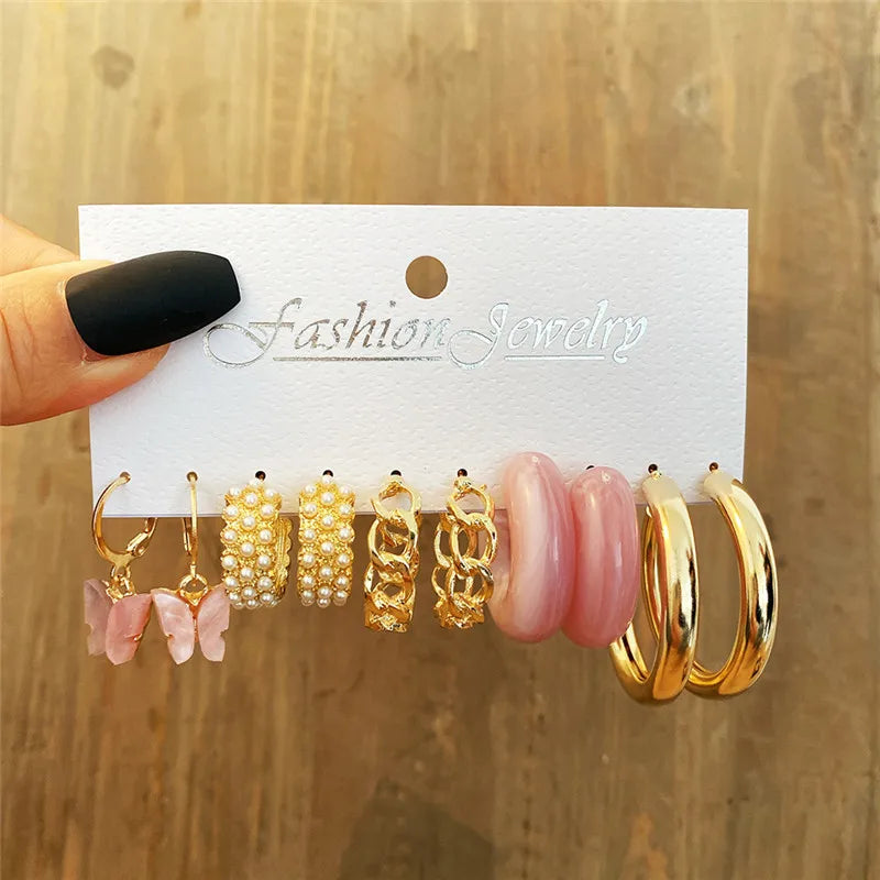 Conjunto de pendientes de aro bohemios de círculo grande para mujer, pendiente de perla Vintage bohemio de Color dorado, pendientes de circonita con forma de corazón, regalos de joyería