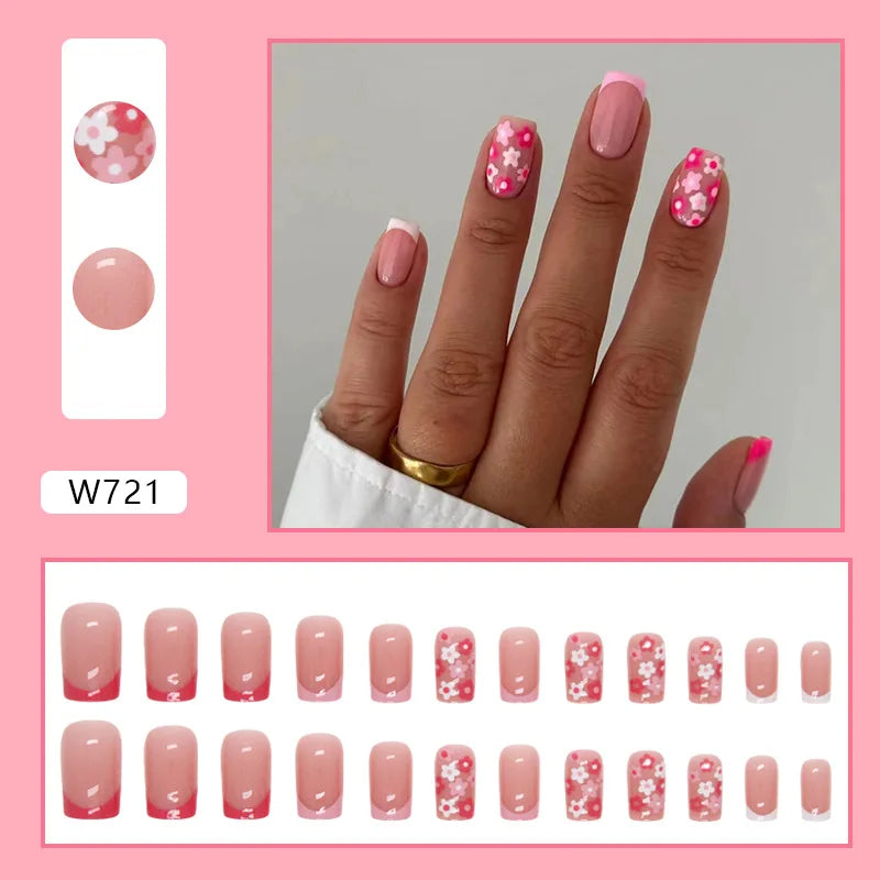 Dulce francés 24 Uds. De uñas postizas degradadas rosas, manicura de dedos artificiales brillantes, uñas postizas reutilizables para mujeres