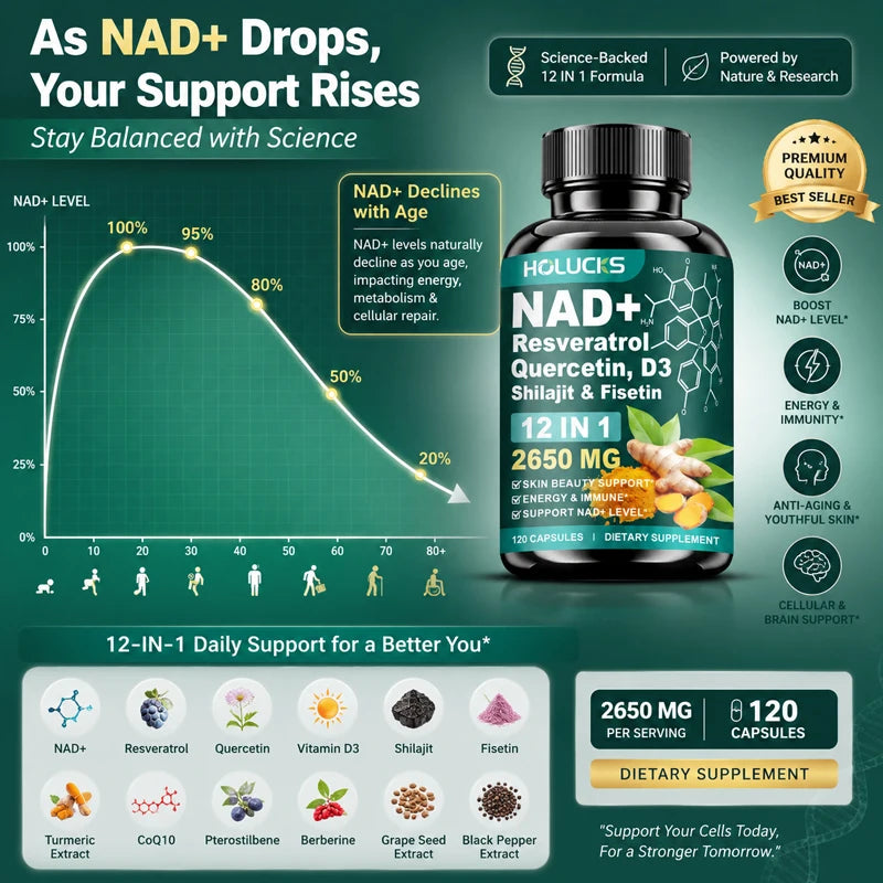Cápsulas de NAD+ con Resveratrol, Suplemento 12 en 1, Mejora la Vitalidad Celular, Apoya la Energía y la Concentración, la Salud Inmunológica y de la Piel