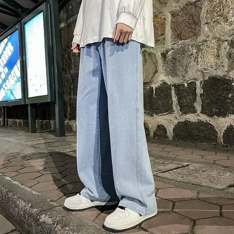 Ropa de calle de estilo coreano, nueva moda, pantalones vaqueros informales holgados para hombre, pantalones vaqueros Harajuku de calle alta, pantalones de marca para hombre, negro, gris y azul
