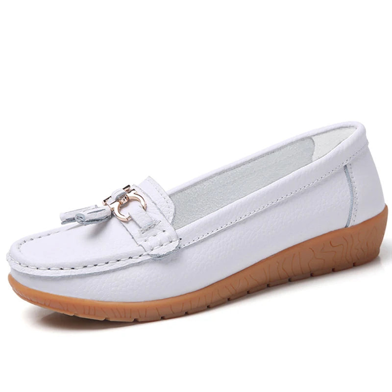 Zapatos de Mujer, mocasines de enfermera, Zapatos planos clásicos, Zapatos planos cómodos para Mujer, calzado informal de cuero blanco para Mujer