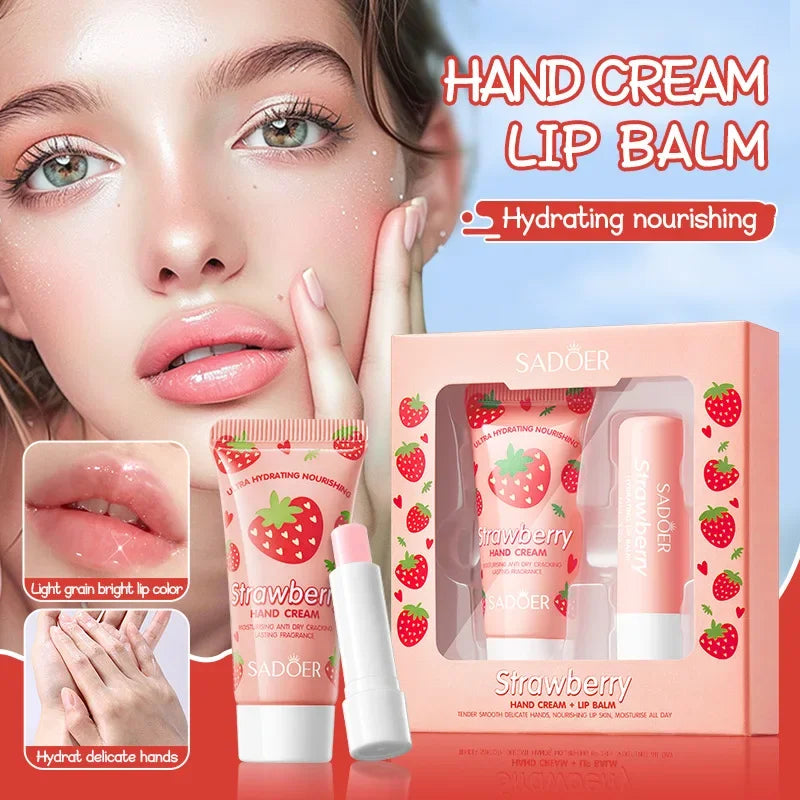 Crema nutritiva de fresa para manos, bálsamo labial, juegos de cuidado de la piel, hidratante, labios regordetes, lápiz labial de frutas, labios regordetes, cuidado de la piel de las manos