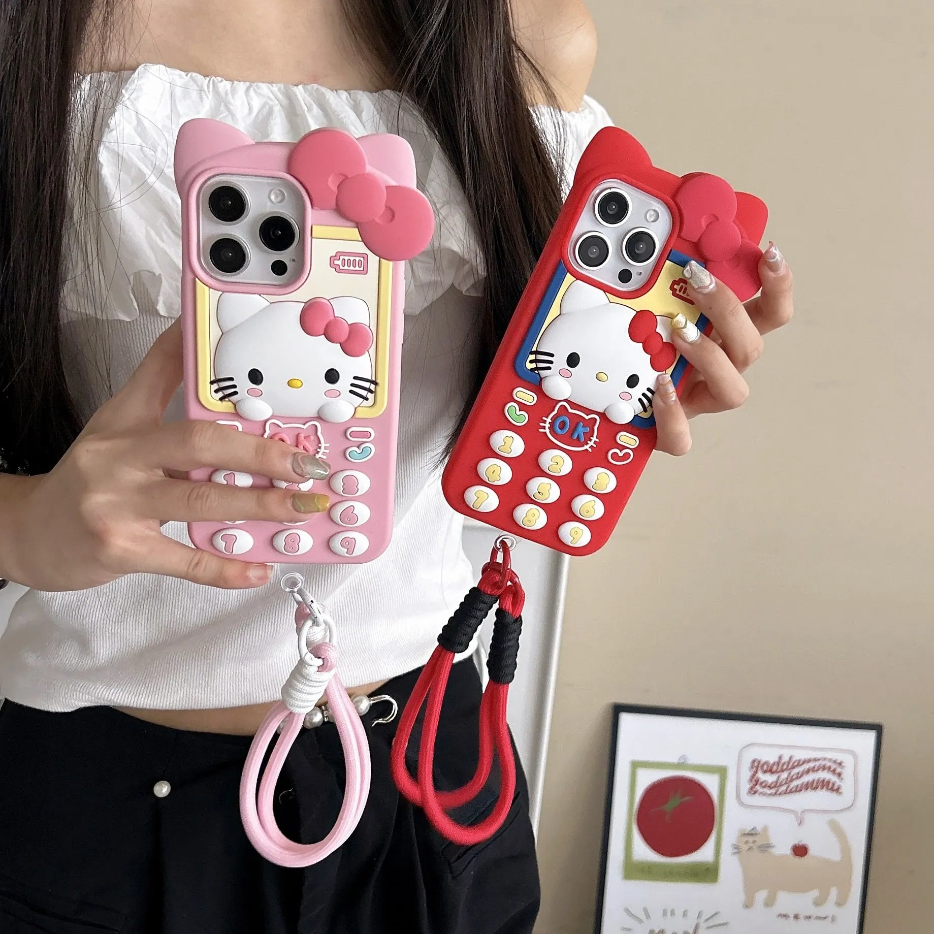 Lindo teléfono 3D Hello Kitty funda de teléfono para iPhone 17 16 15 14 13 Pro Max Plus 17 Pro cubierta de silicona suave de dibujos animados con cordón