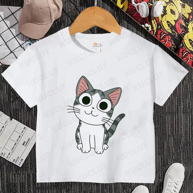Camiseta con estampado de gato para niños y niñas, camiseta de dibujos animados, camiseta informal de manga corta, ropa cómoda y divertida para verano