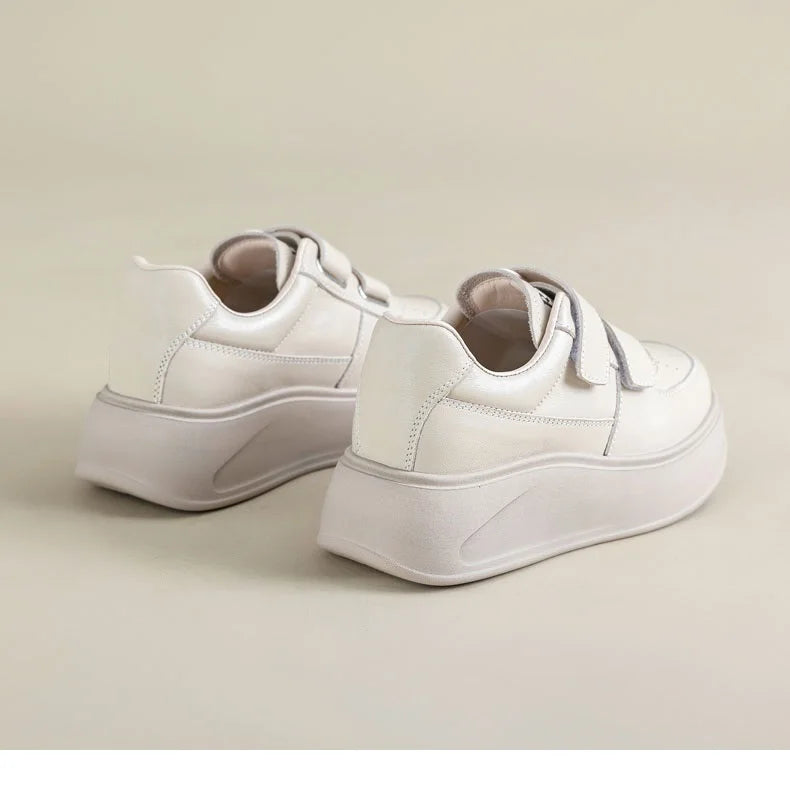 DRKANOL, zapatos de plataforma con suela gruesa y aumento de altura, zapatillas informales de cuero genuino para mujer, zapatos de tabla con gancho y bucle para mujer, color blanco
