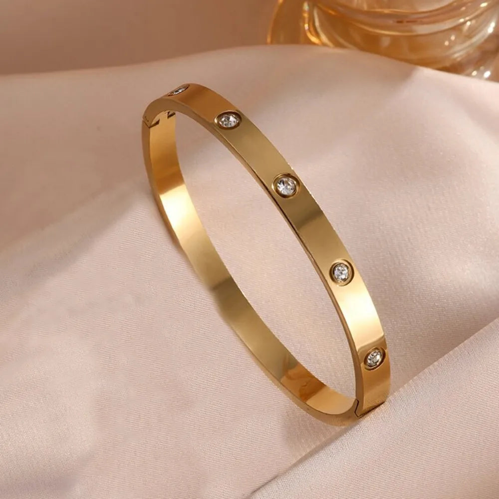 Pulsera apilable de acero de titanio para parejas, brazaletes de acero inoxidable con circonitas brillantes, color dorado, regalo de joyería para mujer