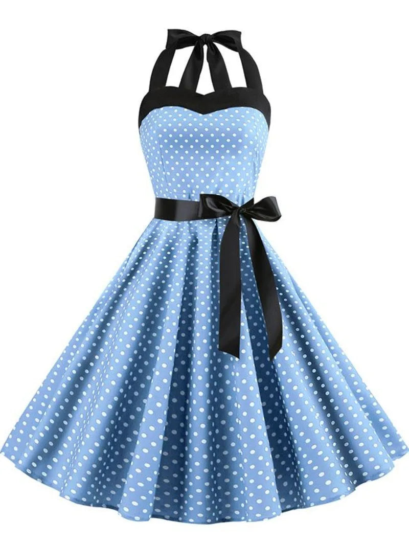 Elegante Vestido de Mujer con Estampado de Puntos, Estilo Hepburn de los Años 50 y 60, Vestido Vintage Sexy con Cuello Halter, Estilo Rockabilly Retro para Fiesta u Oficina, Vestido Pinup 2026