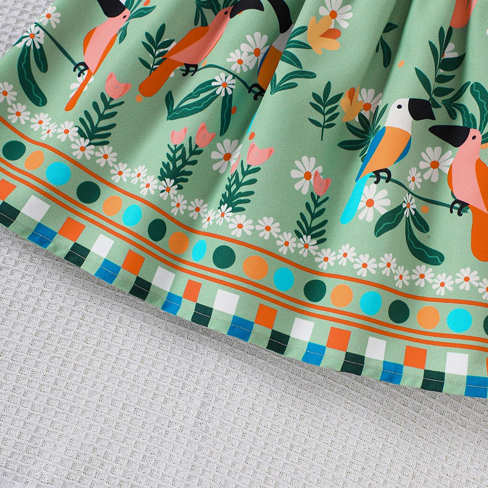 Vestido de verano para niña con estampado de plantas y mangas con mosca pequeña