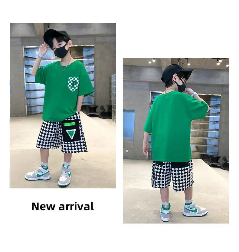 Conjunto de ropa de moda para niños, ropa de verano de manga corta para adolescentes, traje, camiseta con letras, pantalones cortos a cuadros, 2 uds., trajes de ropa de descanso para niños