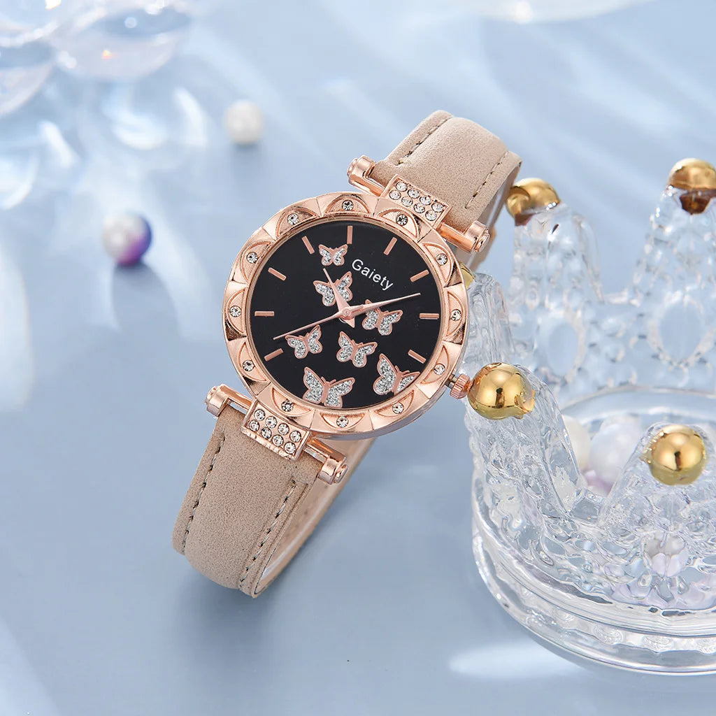 Conjunto de joyería de mariposa (sin caja), relojes para mujer, relojes de cuero para mujer, anillos, collar, pendientes, pulsera, regalo de boda