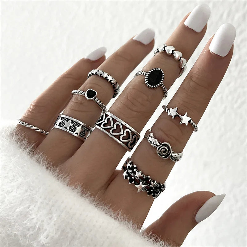 21 unids/set Punk gótico mariposa serpiente corazón anillos conjunto para Mujeres Hombres Vintage plateado geométrico anillos de dedo joyería de fiesta