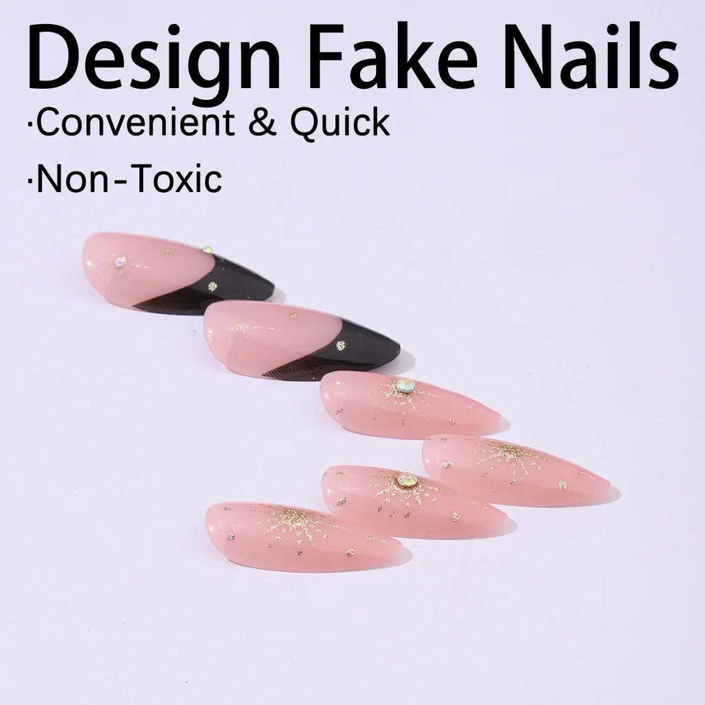 Uñas postizas negras con diseño de murciélago para Halloween, puntas de uñas decoradas con forma de almendra, con remaches y lazos, 24 unidades, uñas acrílicas reutilizables.