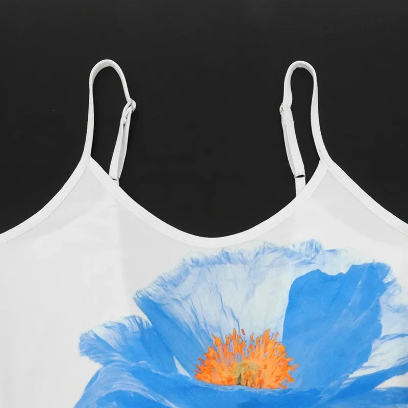 Minivestido Sexy para mujer, novedad de verano, moda blanca, ropa de calle con cuello redondo, vestido sin mangas estampado con tirantes y espalda descubierta, vestido elegante ajustado informal